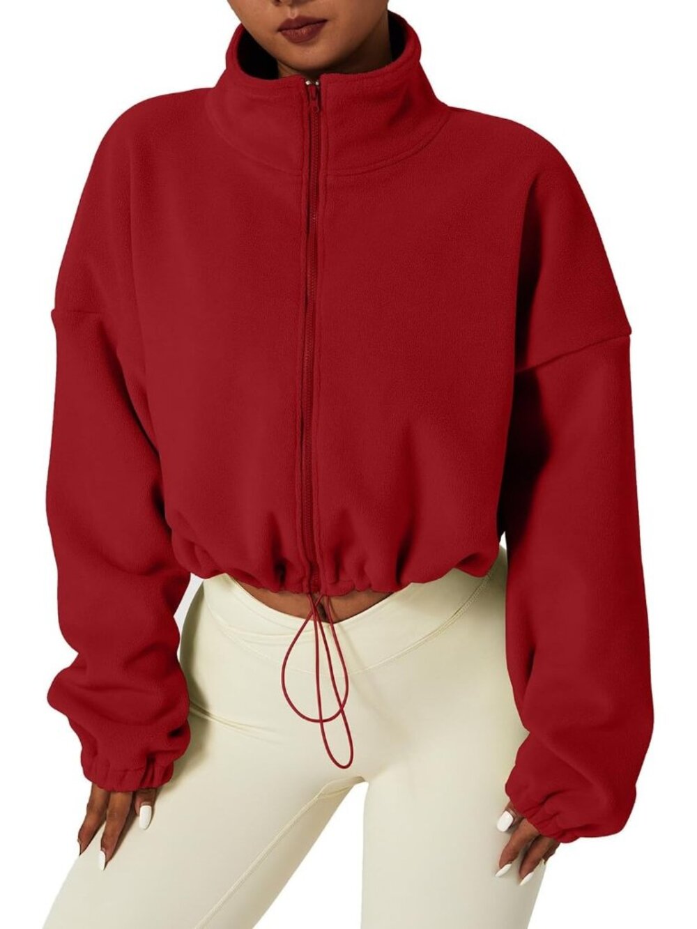 Women's Red Fleece Full ZIP Stand Collar Baggy Cropped Short Sherpa Jacket